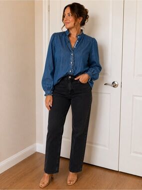 LOFT Blue Ruffled Denim Blouse
